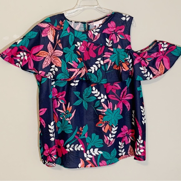 Isabel Maternity (XL) Pink Navy Teal Floral Top with Cold Shoulder and ruffles - Picture 3 of 9